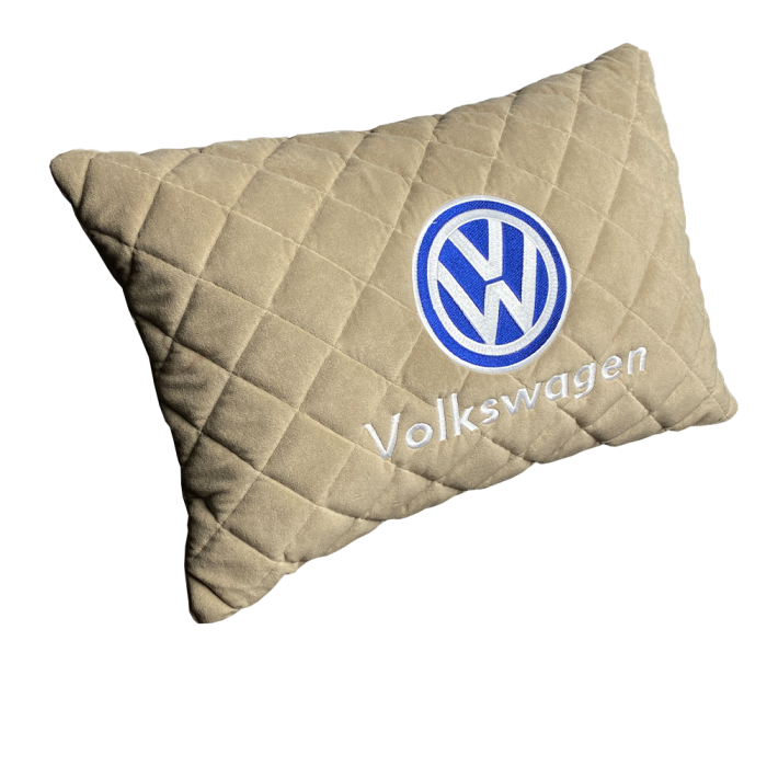 Подушки из алькантары Подушка из алькантары бежевая с вышивкой Volkswagen
